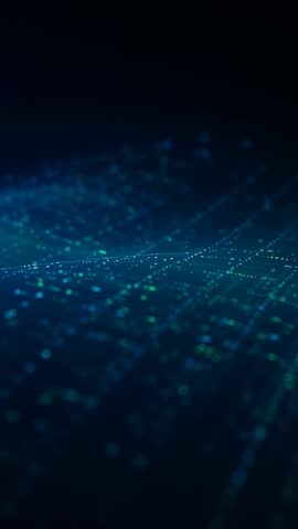 Pulsing data grid shifting across cyber plane in vertical futuristic technology video