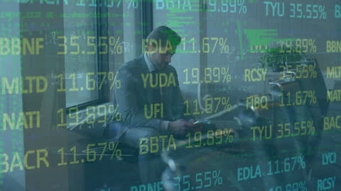 Businessman Using Smartphone Surrounded by Digital Stock Tickers