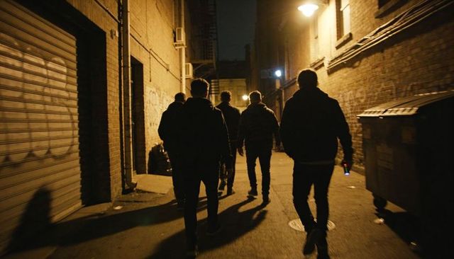 Five silhouettes walking down dimly lit urban alley at night under streetlight shadows