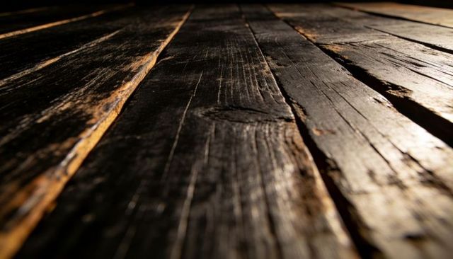 Dark weathered wood planks showing worn grain, cracks and rustic texture under warm light