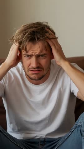 Young man pressing palms to temples showing mounting frustration and anxiety on sofa