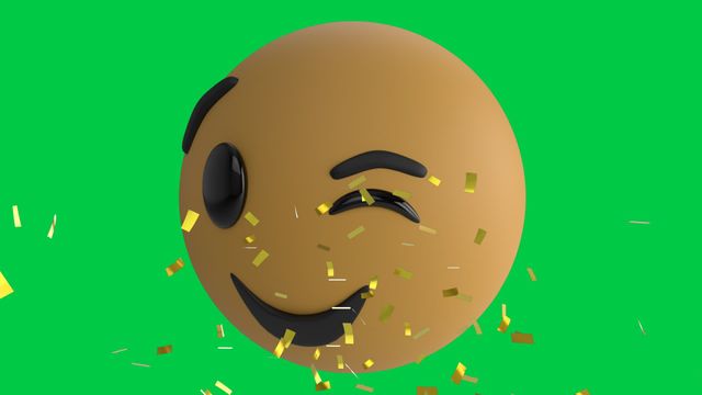 Whimsical emoji with a wink is surrounded by golden confetti against a bright green setting. Ideal for use in celebrating achievements, birthday invitations, or festive online communications. Perfect for digital artists or social media posts targeting themes of joy and excitement.