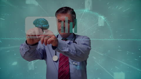 Senior Doctor Interacting with Futuristic Digital Interface