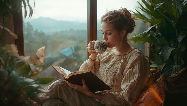 Woman Reading Book While Sipping Tea on Cozy Window Seat