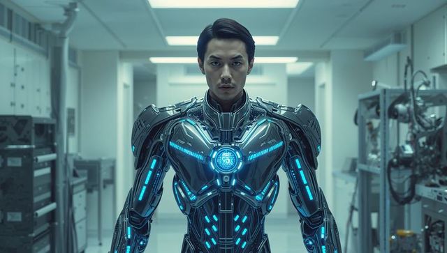 Asian man wearing powered exosuit with glowing cyan chest core standing in high-tech lab