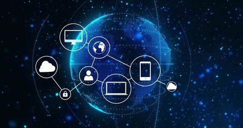 Global Digital Network Concept with Glowing Data Globe, Connected Devices and Cloud Icons