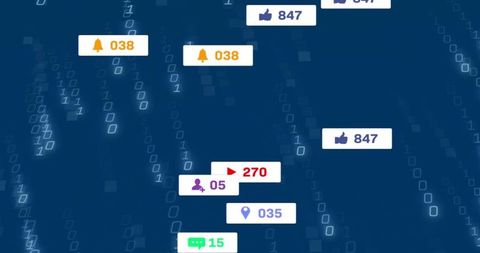Floating Social Media Notifications Amid Digital Code Matrix