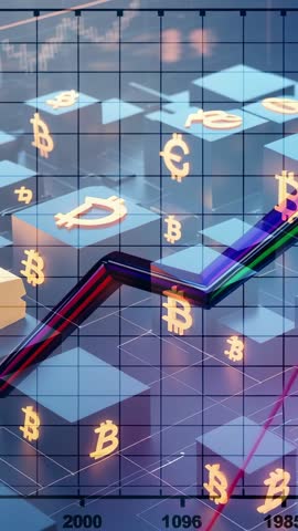 Animating vertical market lines over 3D cube grid with floating cryptocurrency icons