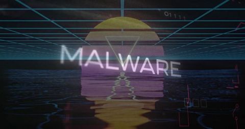 Futuristic Malware Warning with Neon Grid and Glowing Sun