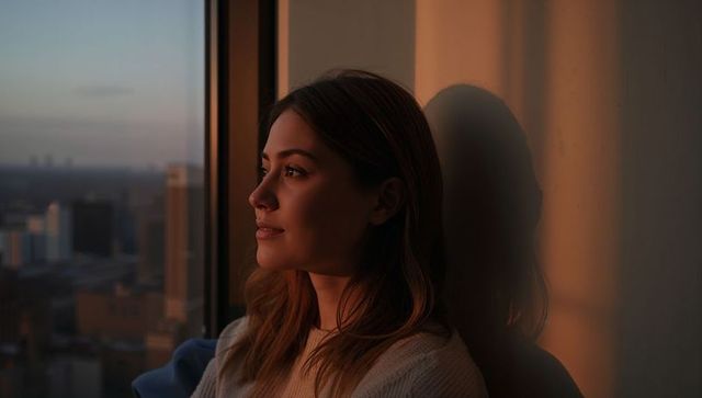 Woman gazing out city window at sunset wearing knit sweater with reflective shadow