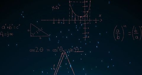 Mathematical formulas on black background with blue particles