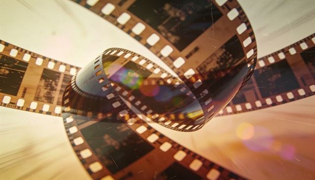 Looping 35mm film strip forming cinematic spiral with vintage grain, emulsion scratches and lens fla