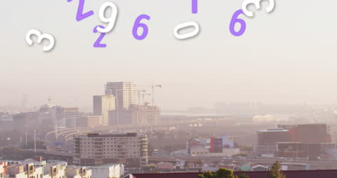 Digital Numbers Animation Over Modern Cityscape