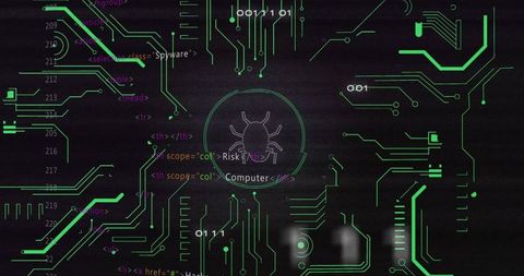 Central bug icon on circuit board interface illustrates malware threat