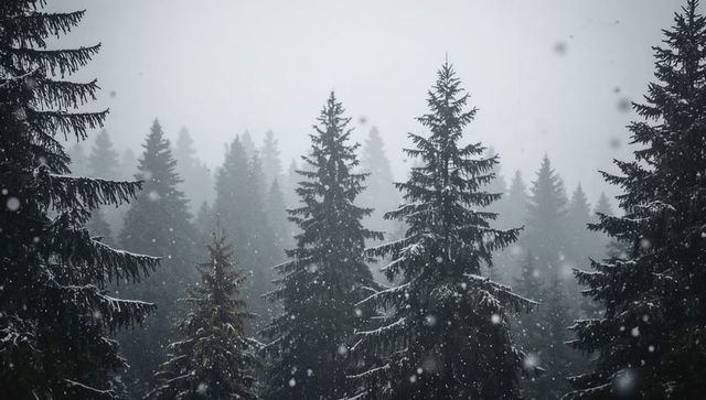 Snow-dusted evergreen trees standing in foggy winter forest with gently falling snow