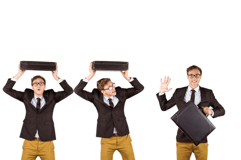 Caucasian Businessmen Showing Emotions with Briefcases Transparent Background