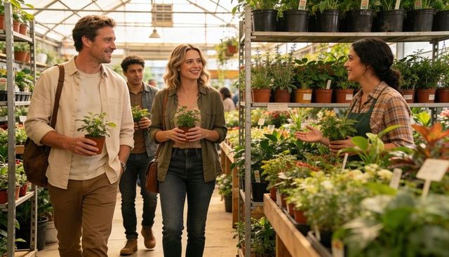Couple browsing greenhouse nursery smiling as staff assists with potted plants and herbs