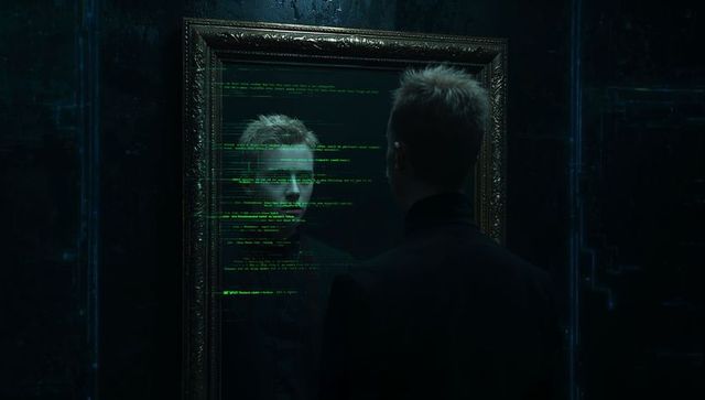 Contemplative man standing facing code-reflecting mirror in neon futurist scene