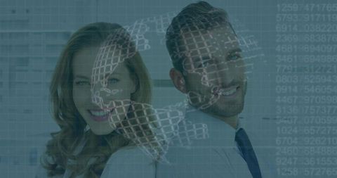 Smiling business duo back-to-back with digital globe and data overlay, global analytics