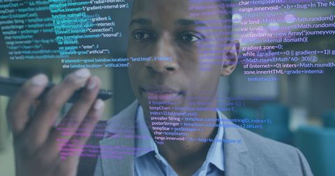 businessman using voice assistant with coding interface overlay - Download Free Stock Images Pikwizard.com