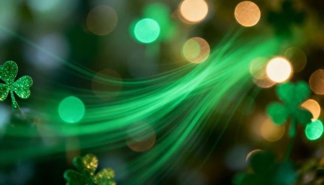 Gliding emerald light trails with glitter shamrocks and amber bokeh for st patrick's party