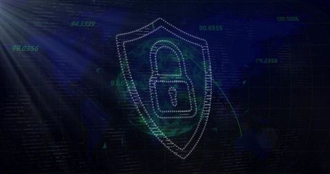Protecting Global Network with Neon Digital Shield and Padlock Over Data Grid