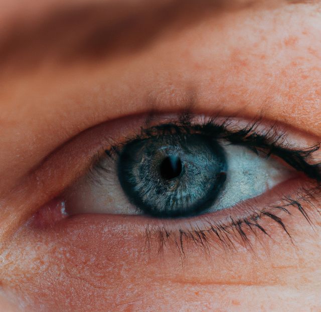 Close up of blue eye of caucasian man looking at camera. Eyes, vision and sight concept.