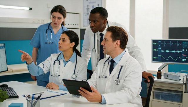 Multidisciplinary medical team reviewing patient data on tablet and ecg monitor in clinic