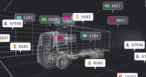 Wireframe Cargo Truck with Digital Notifications in Virtual Grid Space