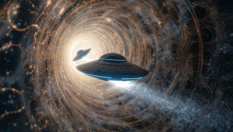 Spaceship Traverses Golden Celestial Portal with Stardust Trail