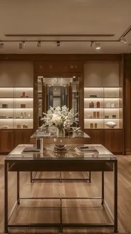 Vertical video pushing toward mirrored glass table with white flowers in luxury boutique