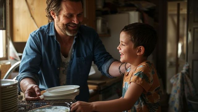 Father and son laughing while stacking plates at sunlit kitchen sink, candid family moment