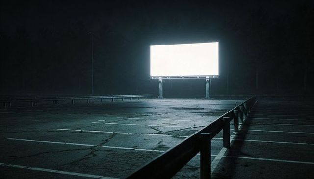 Glowing blank billboard illuminating desolate cracked parking lot with guardrail at night