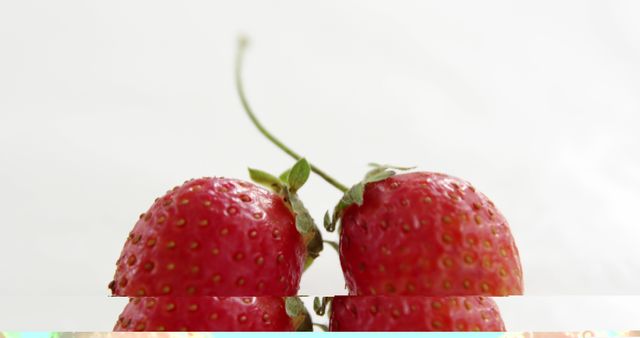 Two ripe strawberries are touching at their tips, with copy space above for text. Their vibrant red color and fresh appearance make them appealing for culinary presentations or healthy eating concepts.