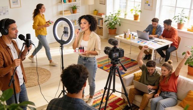 Creator team producing live beauty tutorial with ring light and dslr in cozy studio