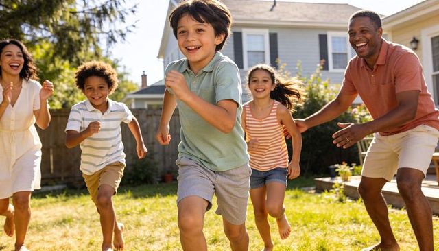 Joyful family running and playing in sunny suburban backyard, parents chasing laughing kids