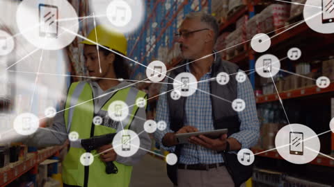 Warehouse Team Working Amidst Digital Connection Network Icons