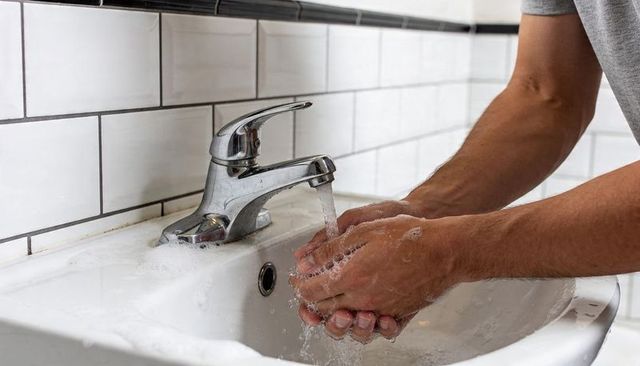 Washing hands under running faucet with soapy lather on white tile bathroom sink
