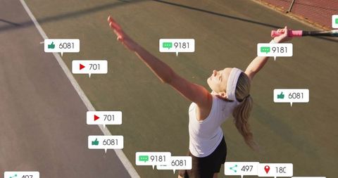 Athlete Celebrating on Tennis Court with Social Media Engagement Overlay
