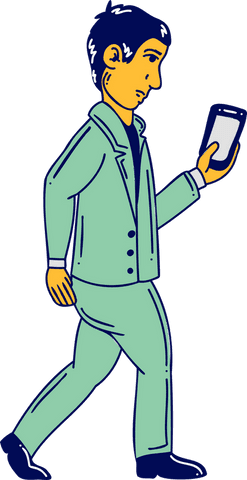 Illustration of man in mint suit walking with smartphone on transparent background