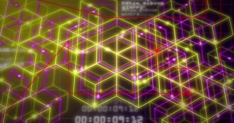 Glowing Neon Wireframe Lattice Showing Data Network Nodes, Cubes and Red Polyline Trend
