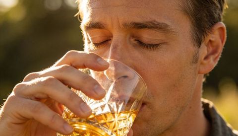 Man sipping whiskey from faceted crystal tumbler golden hour outdoors relaxing moment