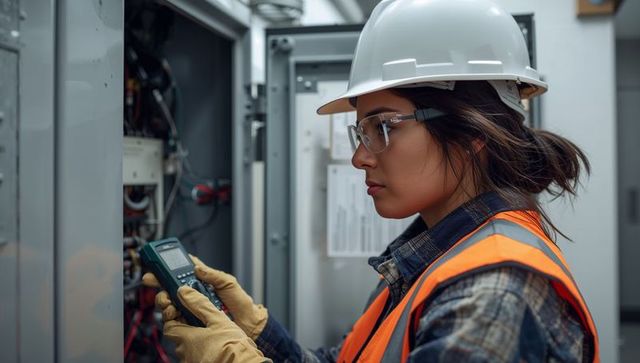 Asian female electrician testing control panel with multimeter, wearing hard hat and hi-vis vest