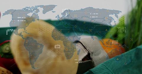 Combining fresh vegetables and smart supply chain analytics with world map overlay