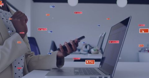 Digital marketing professional with smartphone and social media icons