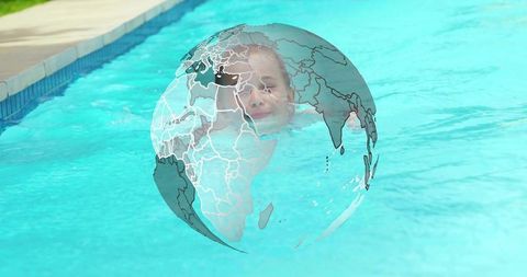 Child swimming in turquoise pool with clear world globe overlay for water conservation