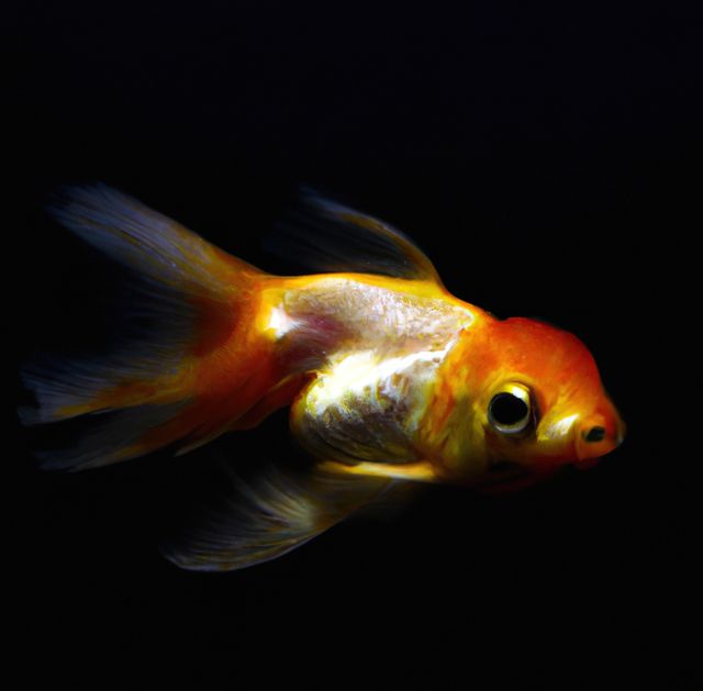 Image of close up of gold fish swimming in tank on dark background. Fish, underwater life and nature concept.