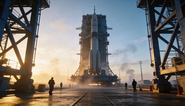 Orbital-class rocket standing on mobile launcher at sunrise with gantry and ground crew