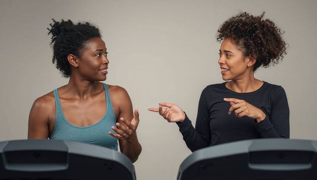 Two women chatting while jogging on treadmills, sharing fitness motivation and smiles