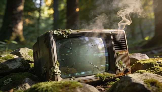 Vintage crt television rusting on mossy forest floor, cracked screen emitting steam and glitch lines